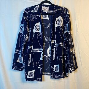 Vintage Caron Petite Chicago Blue Abstract White Print Open Front Blouse